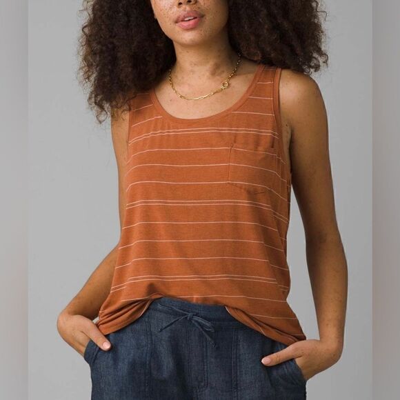 NWT PrAna Foundation Pocket Scoop Neck Tank in Copper Heather Stripe Size S - Picture 1 of 5